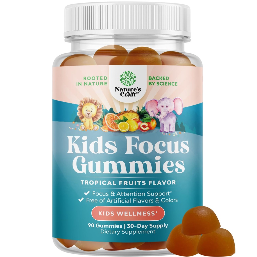 Kids Focus Gummies - Nootropics Brain Support for Kids with Green Tea Extract, B6 & B12 Vitaminer til hukommelse og brain Focus - Urtekoncentrering Chews for børn - 90 Greve