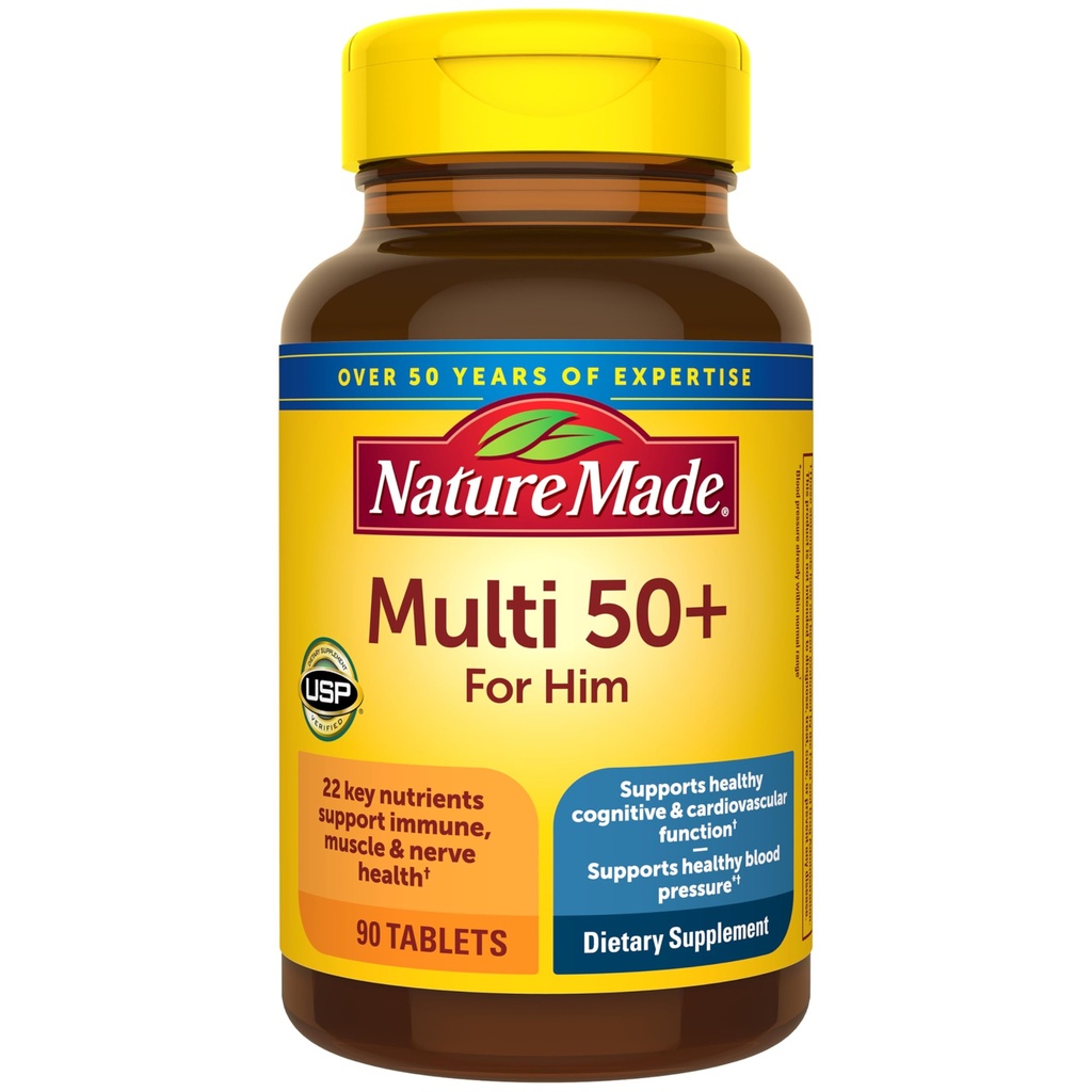 Nature Made Multivitamin til mænd Over 50, Herre Multivitaminer 50 Plus, Daglig ernæringsstøtte, Nature Made Multi Vitamin, 90 tabletter, 90 dages forsyning