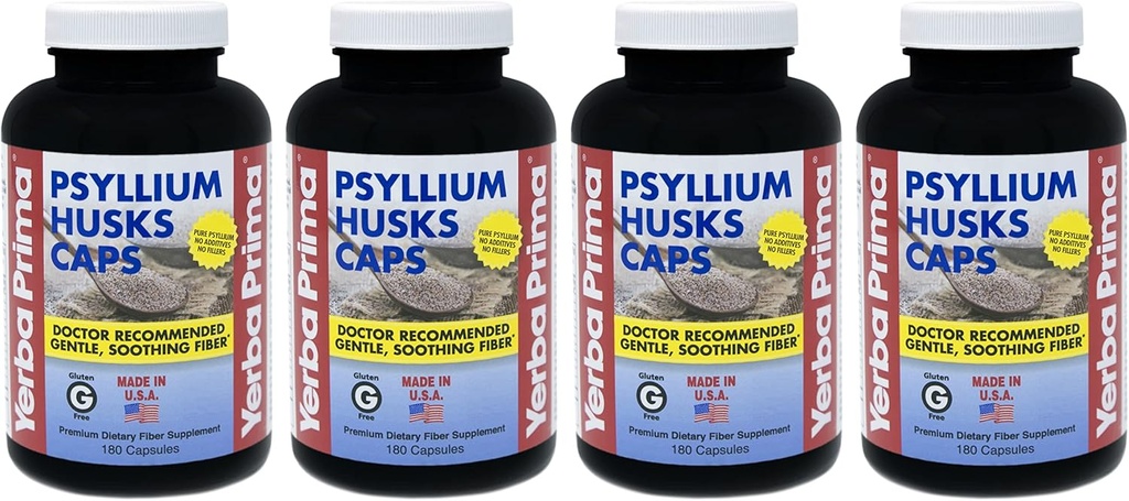 Yerba Prima Psyllium Husks Caps - 180 caps (Pack of 4) - Natural Fiber Supplement - Non- GMO Gluten Free