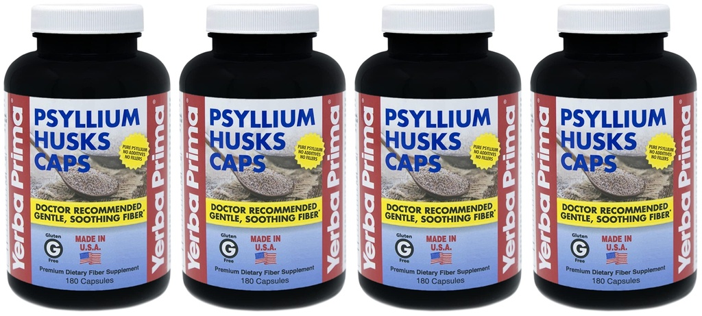 Yerba Prima Psyllium Husks Caps - 180 caps (Pack of 4) - Natural Fiber Supplement - Non- GMO Gluten Free