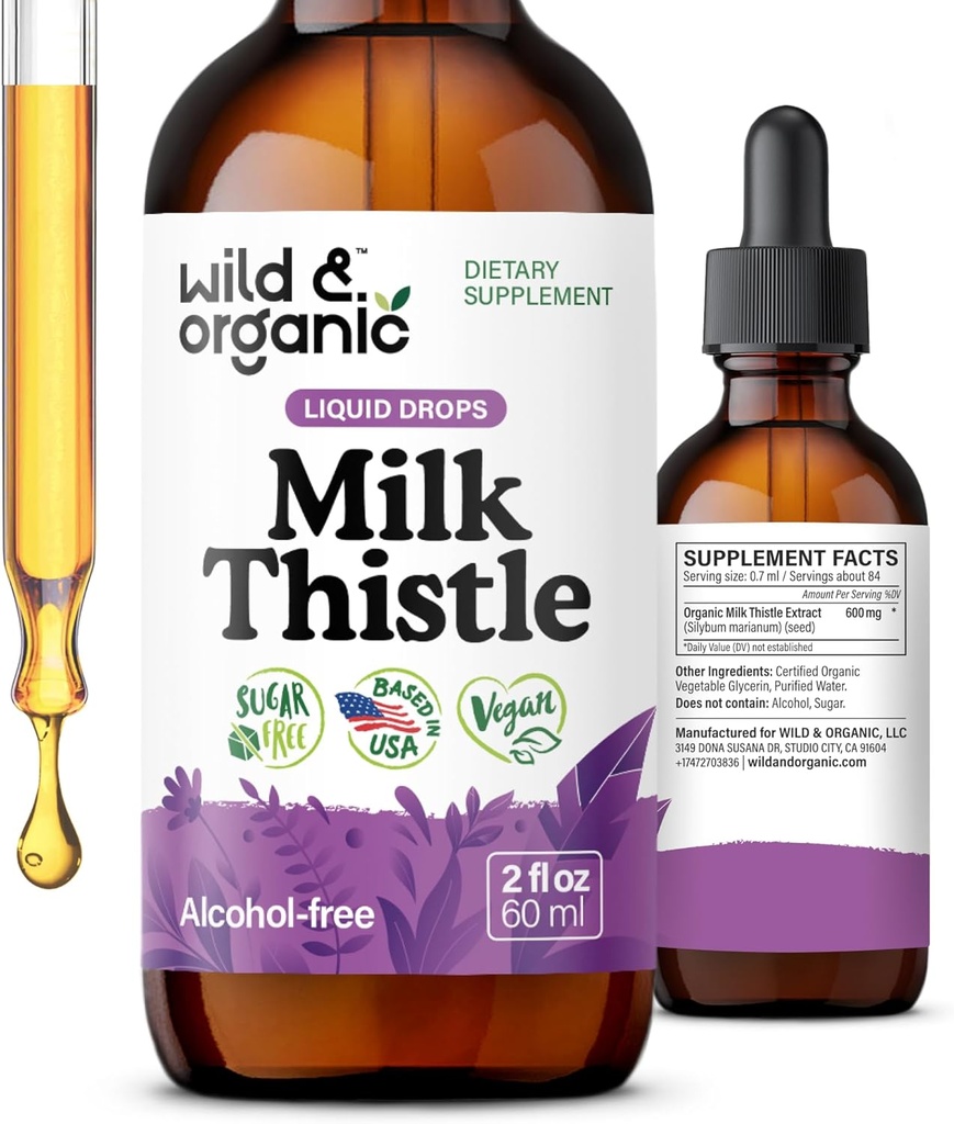 Wild & Organic Milk Thistle Extract Drops - Lever Cleanse Support - Milk Thistle Lever Detox Tincture - Silymarin Supplement - Silybum Marianum Frø - Vegan, Sukker & Alkohol- Free - 2 fl oz