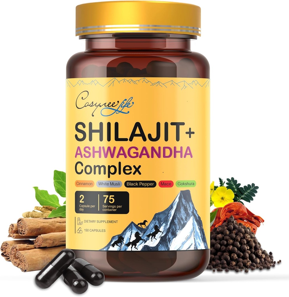Himalayan Shilajit- Kompleks med Ashwagandha, Mace, Gokshura, Cinnamon & Piperine Budd124; Energi, Vitality & 85 + Trace Minerals, Shilajit til mænd, Shilajit til kvinder, Regelmæssig dosis - 150 kapsler