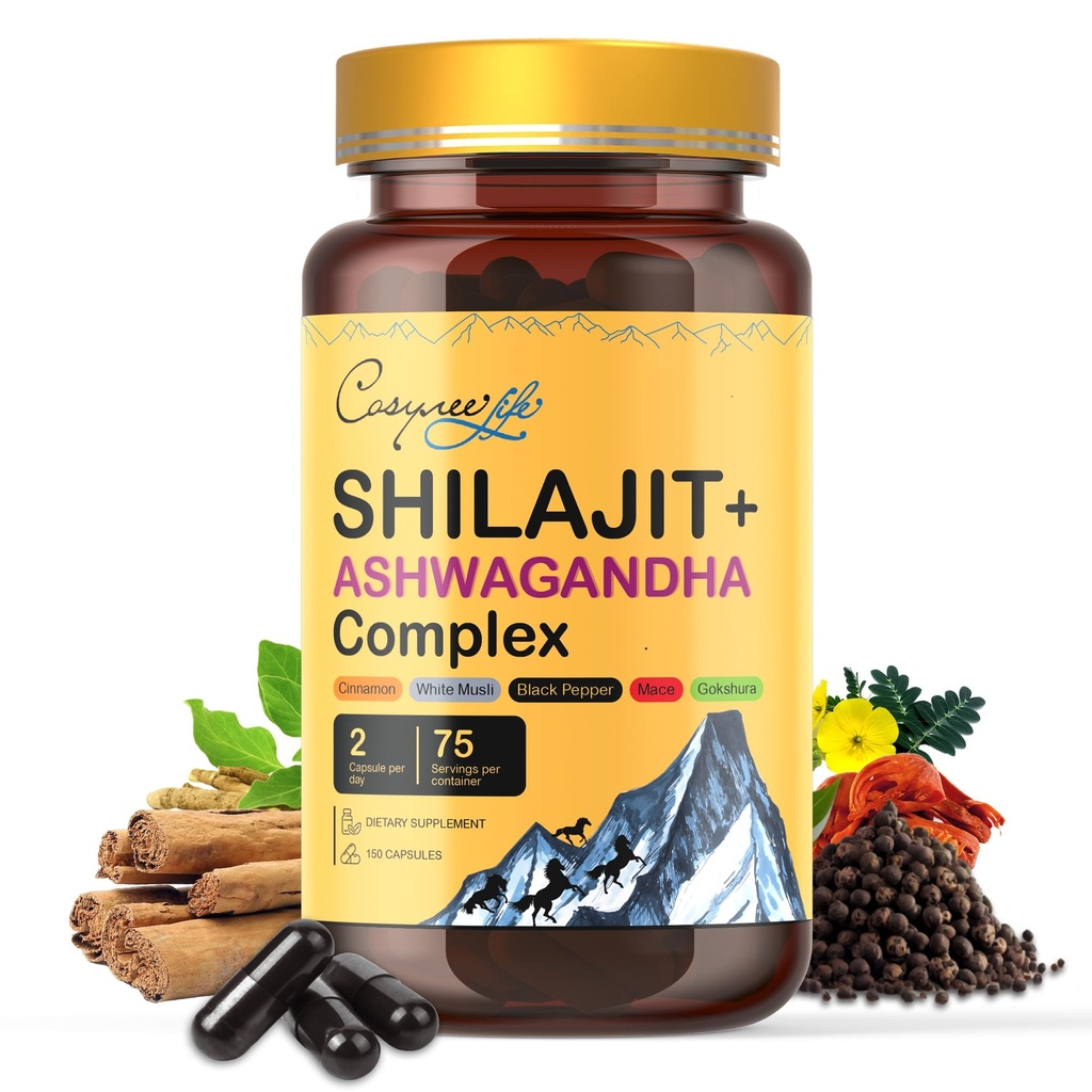 Himalayan Shilajit- Kompleks med Ashwagandha, Mace, Gokshura, Cinnamon & Piperine Budd124; Energi, Vitality & 85 + Trace Minerals, Shilajit til mænd, Shilajit til kvinder, Regelmæssig dosis - 150 kapsler