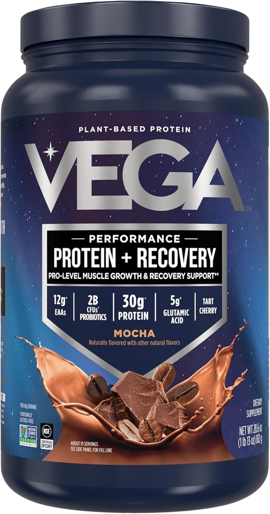 Vega Sport Vegan Protein Powder + Inddrivelse - 30g Plant Based Protein per Servering, Mocha, 19 Servering, 5g BCAA, Probiotika, NSF Certified, For Shakes & Smoothies, 1.8lbs (Packaging May Vary)