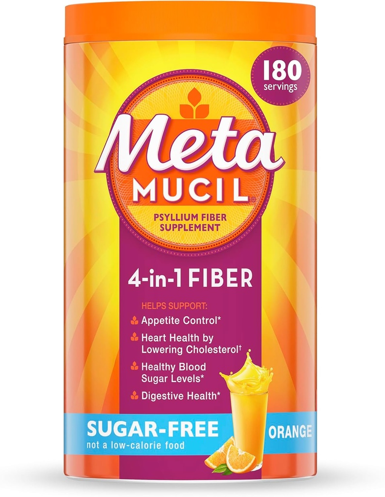 Metamucil 4- in-1 Psyllium Husk Fiber Supplement, Sugar- Free, 180 teskefulde, Orange Flavored, Daglig Fiber Pulver til fordøjelse, lavet med Plant- Based Psyllium Husk Fiber