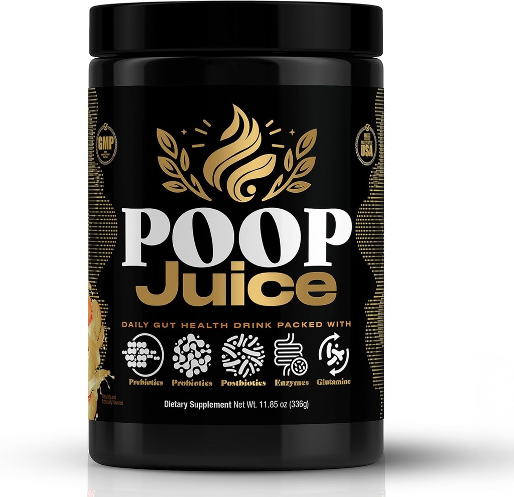 Poop Juice 5- in-1 Prebiotic, Probiotic, Postbiotic, fordøjelsesfremmende enzymer & glutamin supplement pulver - Bloat Relief, Gut & immunforsvar - Sukker & laktose- Free - 30 Serveringer (Georgia Peach Mango)