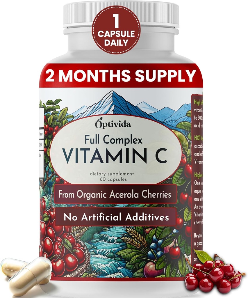OPTIVIDA Plant baseret naturlige Acerola Cherry C-kapsler 124; 60 Greve 124; Økologisk C-vitamin 124; Non Ascorbic Acid Vegan Supplement for immunforsvar, Sund hud & Joints