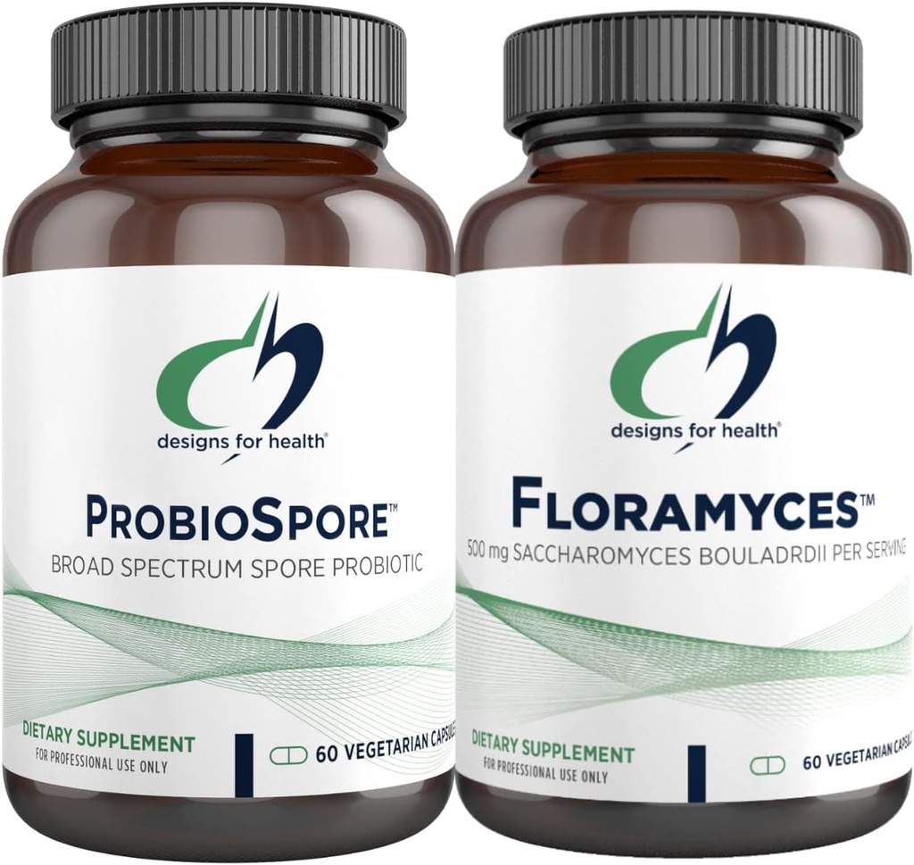 Design til sundhed Saccharomyces Boulardii (60 kapsler) + ProbioSpore Spore baseret Probiotik (60 kapsler) - 2 Gut Health Kosttilskud - Shelf- Stable, Acid resistent fordøjelsesfremmende Probiotika
