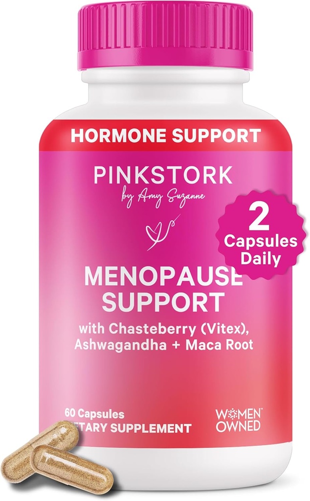 Pink Stork Menopause Støtte til kvinder - Hot Flash, Mood, Sove, Vægt, Cortisol & Hormonal Balance - Vegan, Estrogen- Free Perimenopause Relief - Ashwagandha, Maca - 60 Kapsler