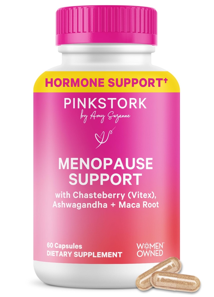 Pink Stork Menopause Støtte til kvinder - Hot Flash, Mood, Sove, Vægt, Cortisol & Hormonal Balance - Vegan, Estrogen- Free Perimenopause Relief - Ashwagandha, Maca - 60 Kapsler