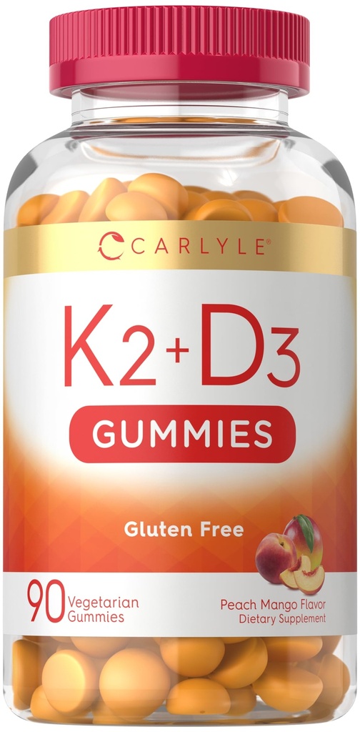 Carlyle Vitamin D3 K2 Gummies | 90 Count | 5,000 IU of D3 + 50 mcg MK7 | Peach Mango Flavor | Vegetarian, Non-GMO, and Gluten Free Supplement