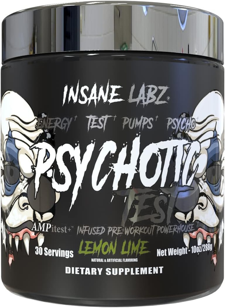Insane Labz Psychotic Test, High Stim Testosterone Energy and Pump Boosting Pre-Workout Powder with DMAE Bitartrate, D Aspartic Acid, Creatine HCL and Glycerol Monostearate, 30 Servings, Lemon Lime