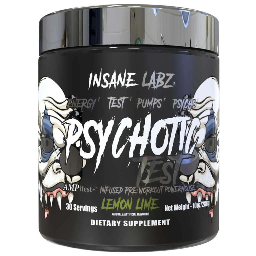 Insane Labz Psykotisk Test, High Stim Testosteron Energy og Pump Boosting Pre- Workout Powder med DMAE Bitartrate, D Aspartasyre, Creatin HCL og Glycerol Monostearate, 30 Servere, Lemon Lime
