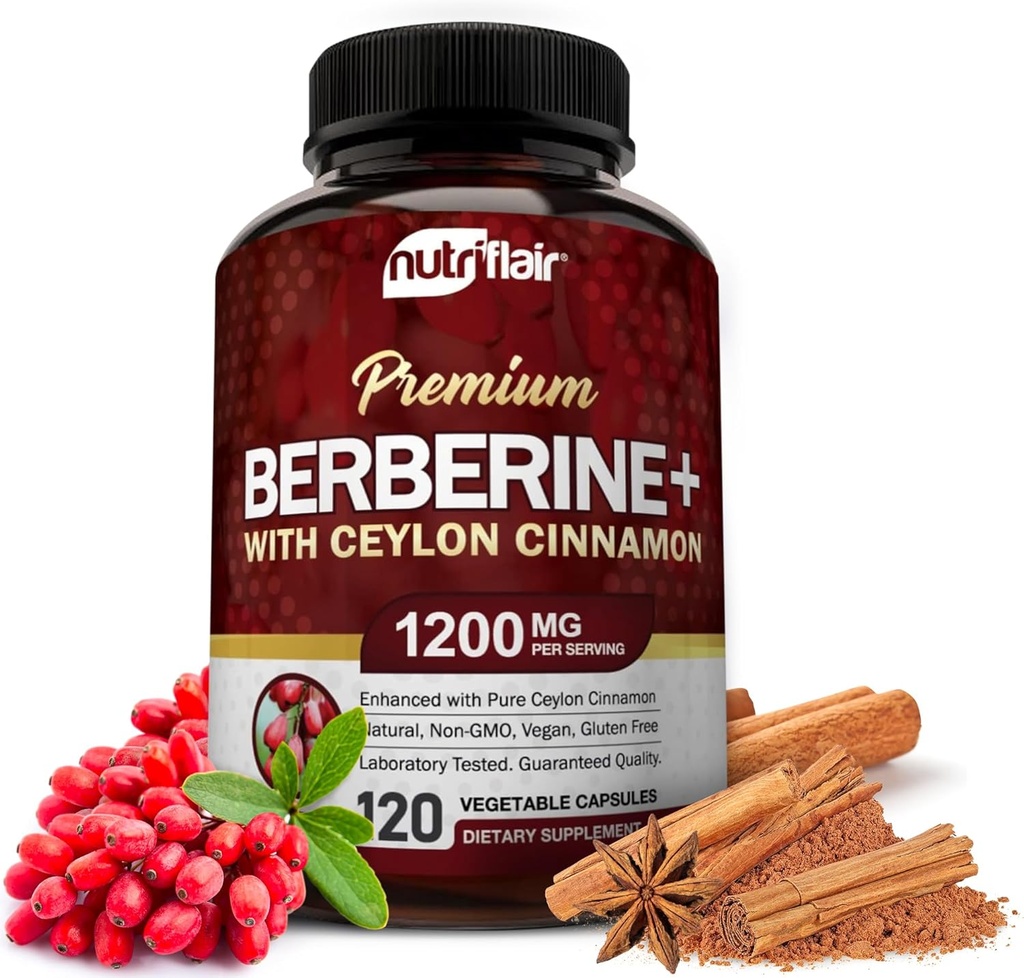NutriFlair Premium Berberine HCL 1200mg, 120 Capsules - Plus Pure True Ceylon Cinnamon, Berberine HCI Root Supplements Pills - Immune System - yields an Optimal 8% HCl