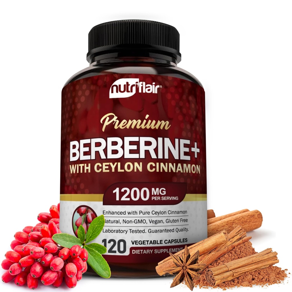 NutriFlair Premium Berberine HCL 1200mg, 120 kapsler - Plus Pure True Ceylon kanel, Berberine HCI Root Supplements Pills - immunsystem - giver en optimal 8% HCl
