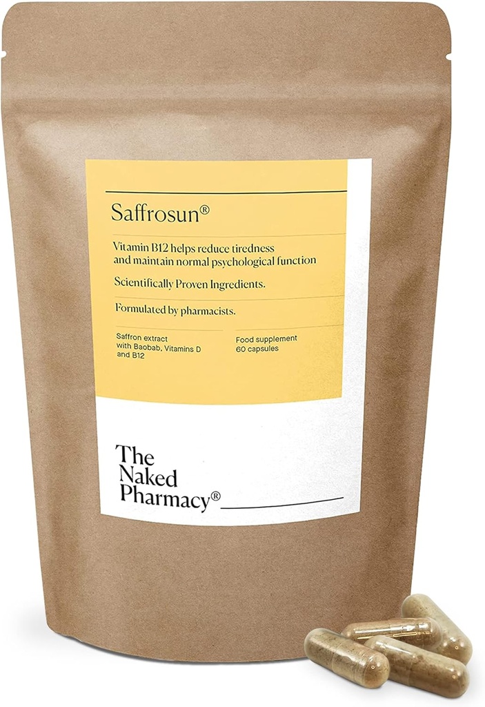 Den NAKED PHARMACY - 124; Saffrosun - 124; Natural Saffron - Kosttilskud med vitamin B12 - 124; Høj styrke - 124; Træthed & menopause - 124; Ingen tilsætningsstoffer - 124; Vegan - 124; 60 kapsler