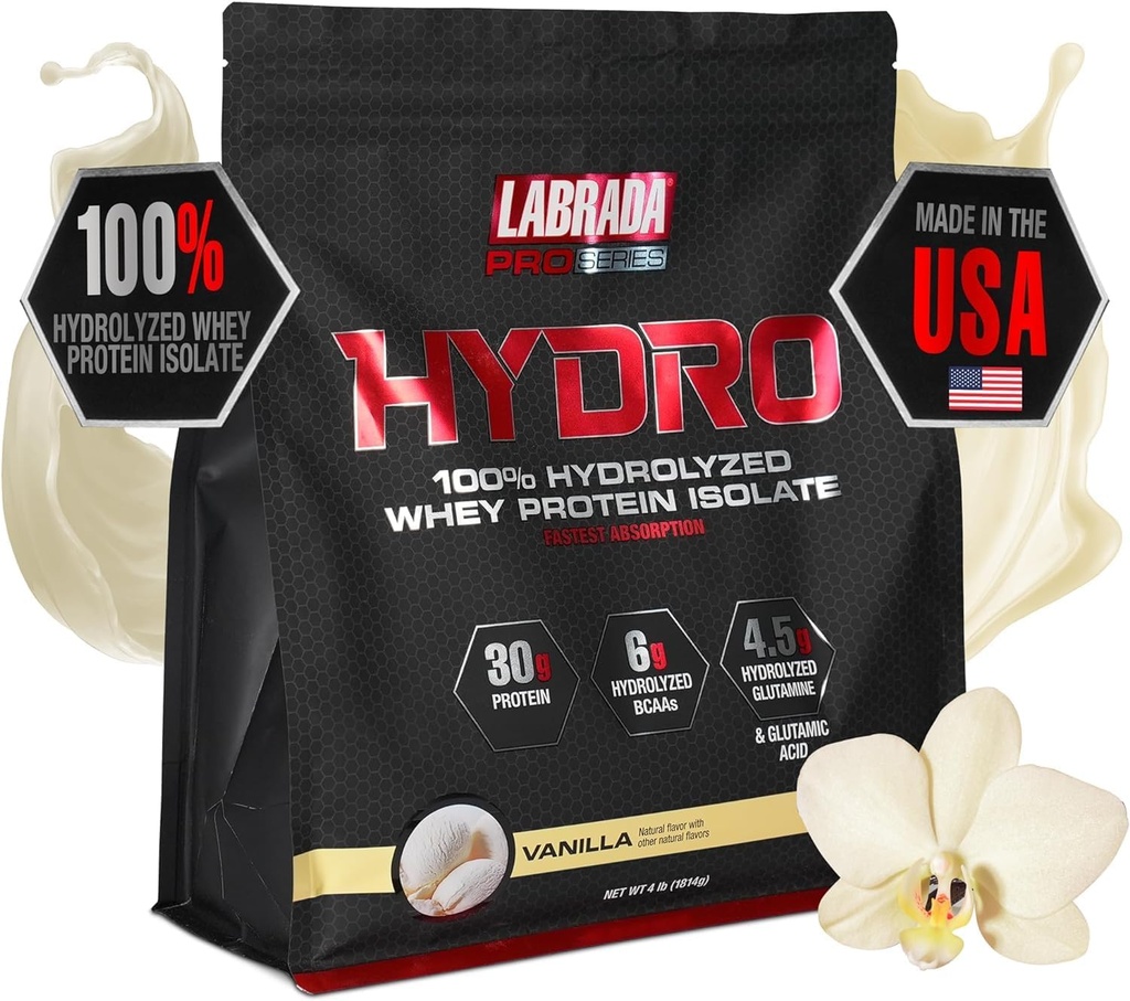 Labrada Hydro 100% Pure Hydrolyzed Whey Protein Isolate Powder, Lactose Free, Glutamin, Fastest Digesting Whey Tilgængelig, Instant Mixing, Lækker Smag 48 Servering 4lb (Vanilla)
