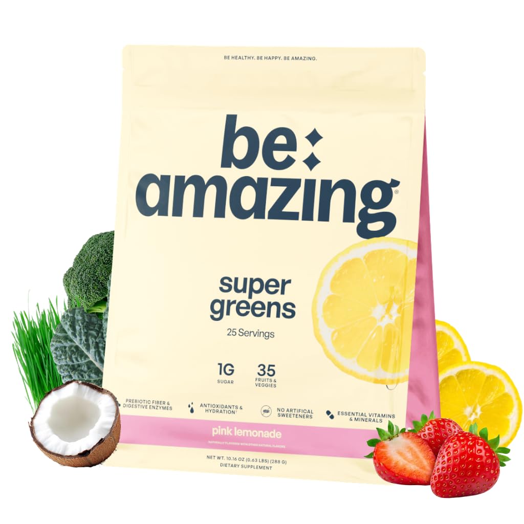 BE AMAZING Super Green Powder med Prebiotika, fordøjelsesenzymer & antioxidanter, 35 Frugter & Veggies, Elektrolyter & Fiber, Vegan, Gluten Free Juice & Smoothie Mix, Pink Lemonade, 25 Servere