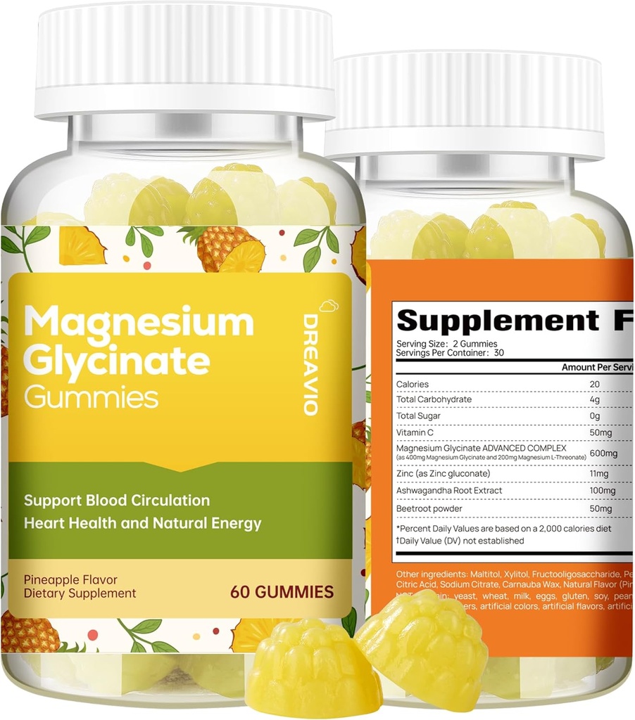 60 Grev Magnesium Glycinate Gummies 400mg w / Ashwagandha Supplement - Sukker fri Zink Magnesium Glycinate Supplement Ashwagandha Gummies for voksne Ananas Arv