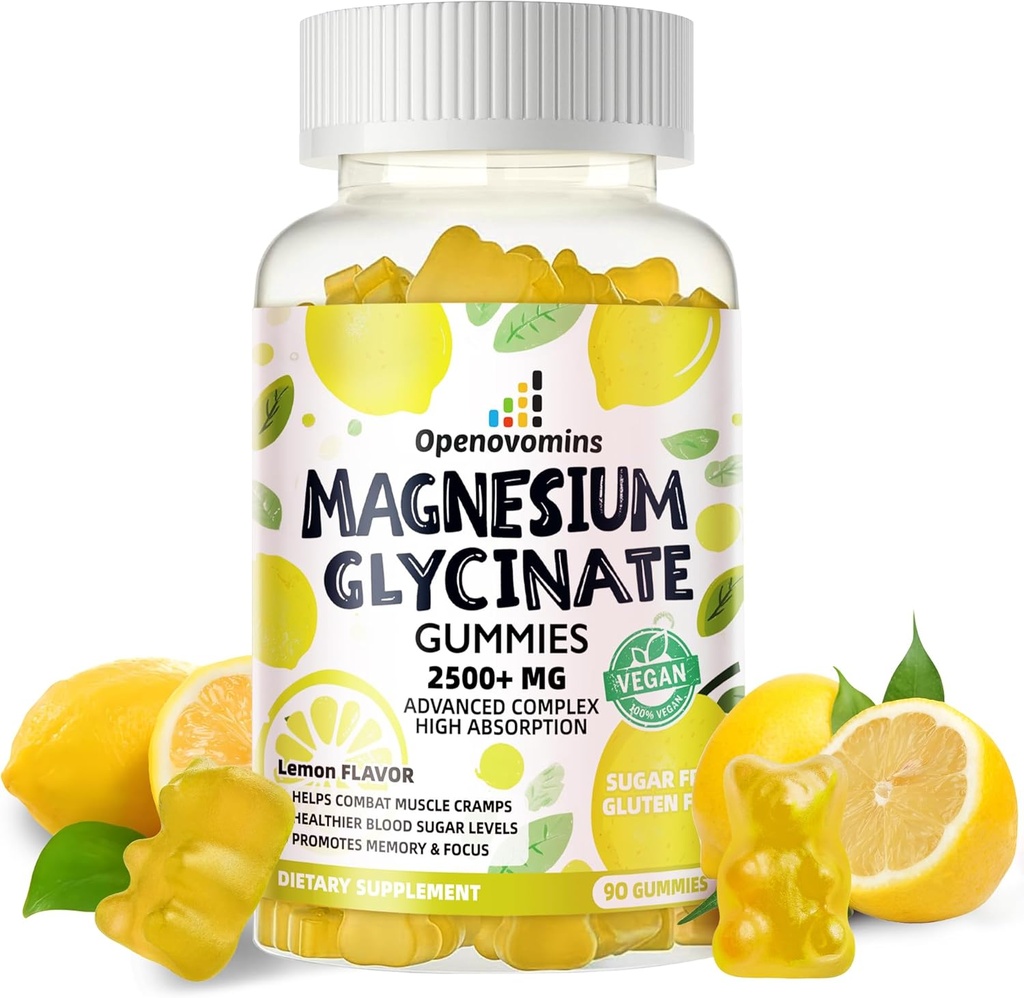 Magnesium Glycinat Gummies 2500mg - Sugar Free Magnesium Kalium Supplement med D-vitamin, B6, CoQ10 for Calm Mood & Sleep Support - 90 Lemon Gummies