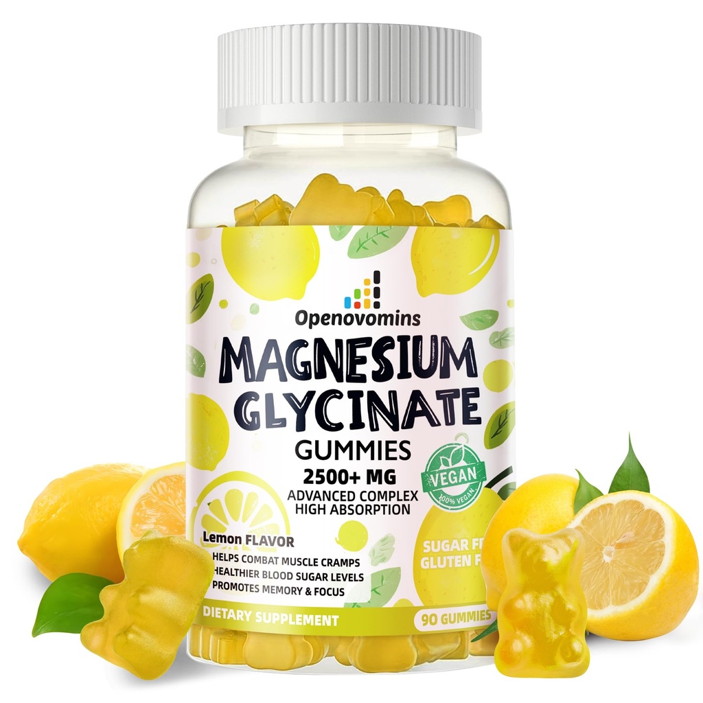Magnesium Glycinate Gummies 2500mg - Sugar Free Magnesium Potassium Supplement with Vitamin D, B6, CoQ10 for Calm Mood & Sleep Support - 90 Lemon Gummies