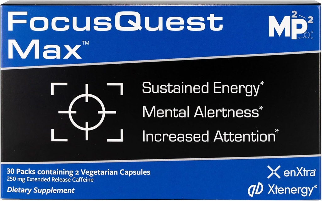 FocusQuest Max Focus supplement med udvidet udløsning koffein og L-Theanin, Nootrop Supplement for energi og produktivitet - Vegan, Gluten- Gratis for professionelle, studerende, travle mødre og fitness