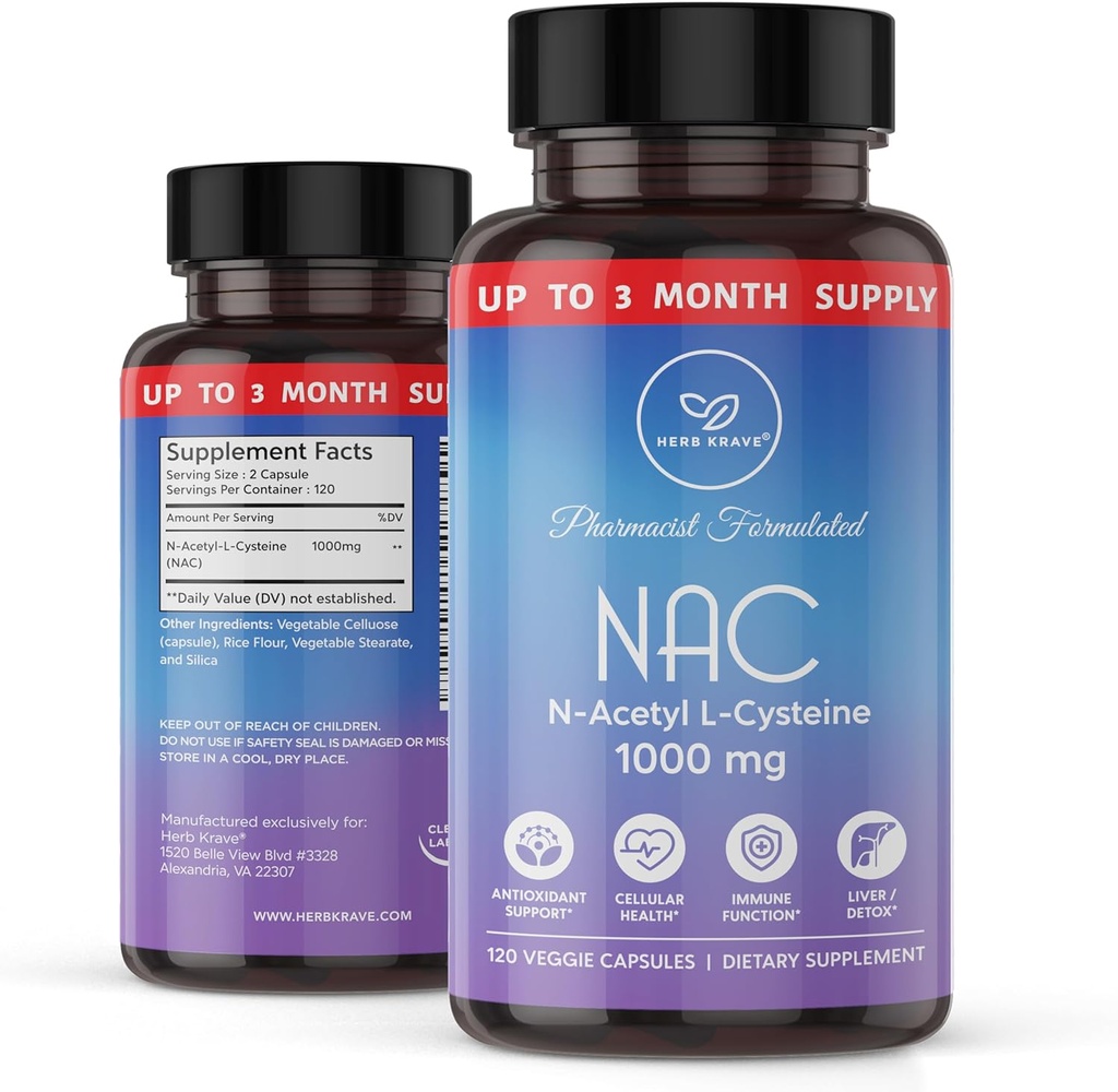 NAC supplement N- Acetyl Cysteine 1000 mg, Aminosyre, naturligt antioxidant, Support for lever, Lung, immunsystem, Fertilitetsindeks 124; 120 N- Acetyl- L- Cysteine Capsule