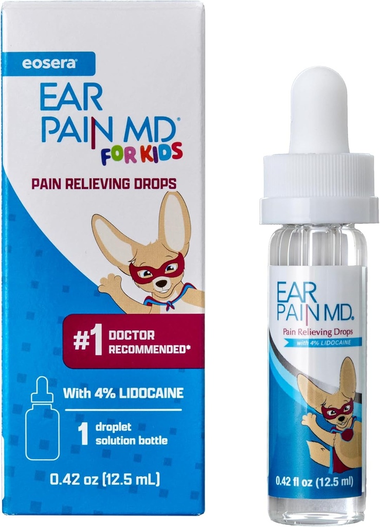 Eosera ® Ear Pain MD ® til børn - Maksimal styrke Earache Relief Drops med Lidocain - Doctor Recommended Ear Medicine for Children, Babyer & Toddlers 2 + - Fastvirkende Ear Drop Pain Reliever - 12.5ml