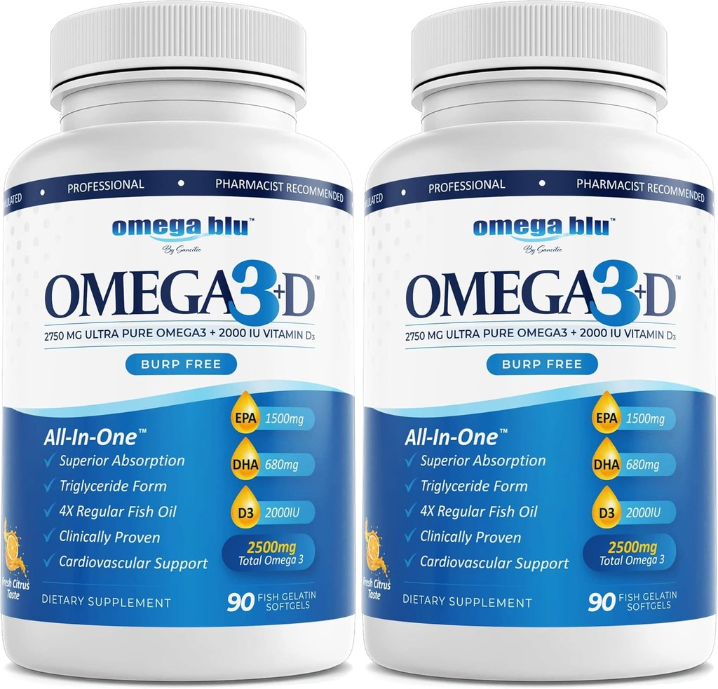 Triple Strength Pharmaceutical Grade Fish Oil 2750mg - Vitamin D3 50mcg - 1500mg EPA - 680mg DHA - Heart - Cholesterol - LDL - HDL - Ingen Burps eller Heartburn - Høj koncentration - 90 Servering