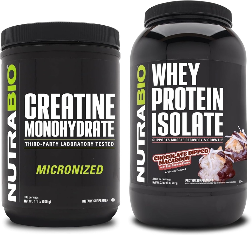 Nutrabio Creatin monohydrat, Unflavored, 500g og Whey Protein Isolate, Chokolade Dipped Macaroon, Supplement Bundle - Muskelenergi, Lean Muskelvækst, Inddrivelse, og Styrke