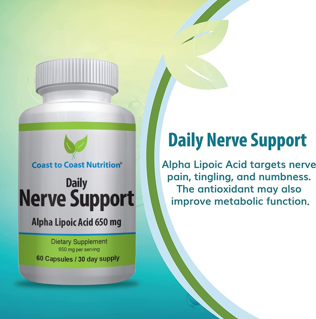 Nerve Support - Advanced Nerve Relief with Alpha Lipoic Acid 650 mg - Nerve Vitamins for Ease of Hands, Legs, and Foot Aches - 60 Capsules / 30 Day Supply