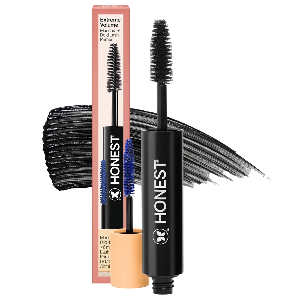 Honest Beauty 2- in-1 Extreme Volume Clean Mascara + Fold Lash Primer med Castor Oil Budd124; Maksimum Volume + Curl Budd124; Vegan + Safe for Følsomme Øjne
