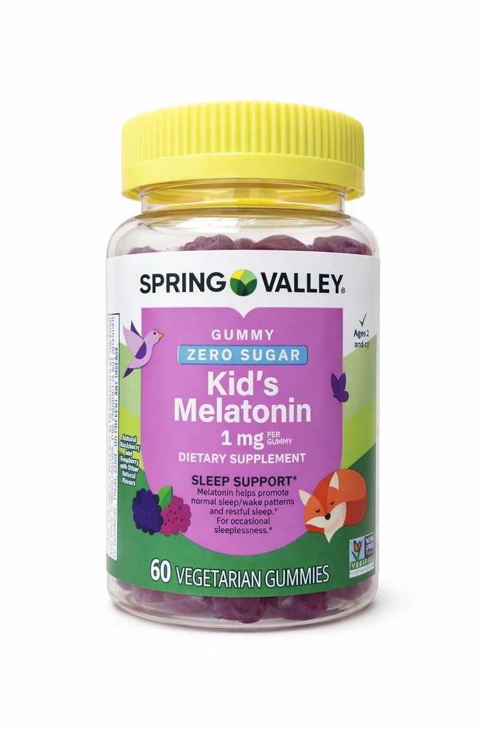Spring Valley Vegetar Melatonin Gummies for Kids, Sovestøtte, 60 Ct + din Vitamin Guide