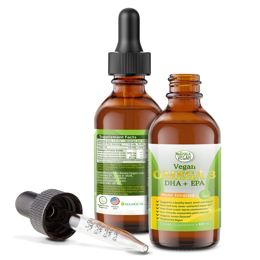 Potent & Organic Vegan Omega 3 Flydende tillæg: bedre end fiskeolie! Plantebaseret vand Udtrukket Alger Olie- DHA EPA DPA Fedtsyrer - Non GMO- Understøtter immunforsvar, hjerte, hjerne & fælles health- 60 Doser