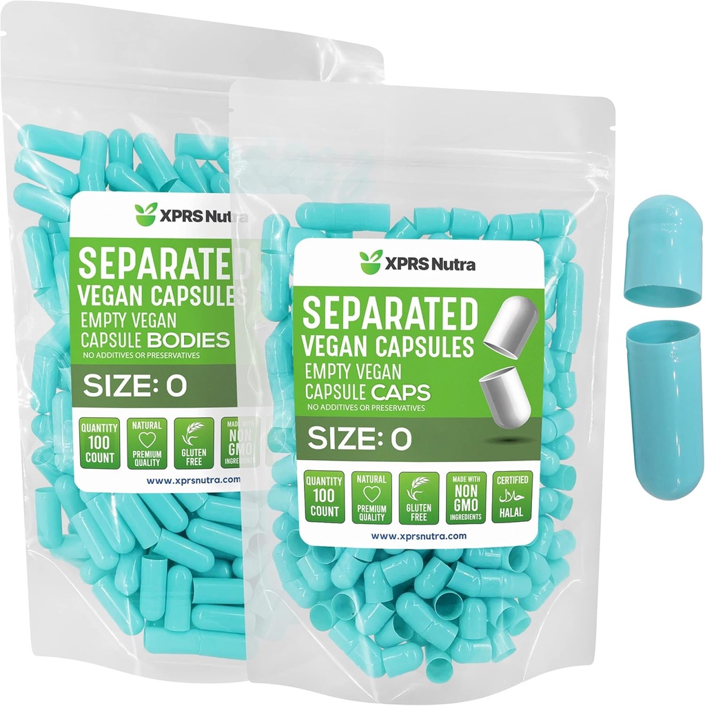 XPRS Nutra Vegan Størrelse 0 Separated Kapsler - 100 Grev Premium Tomme Kapsler Separeret i poser - 0 Piller til DIY Supplement Fyldning (Aqua)