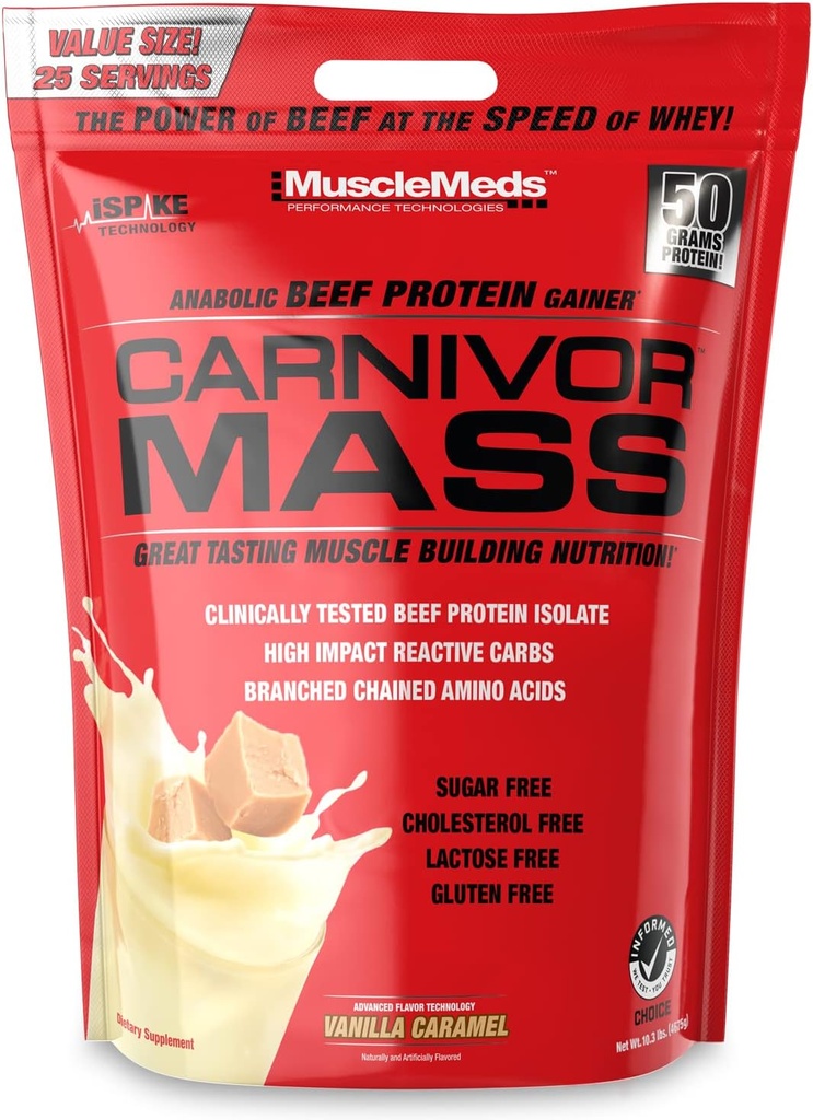 MuscleMeds Carnivor Mass Anabolske Oksekød Protein Gainer, Vanilla Caramel, 10 Pounds