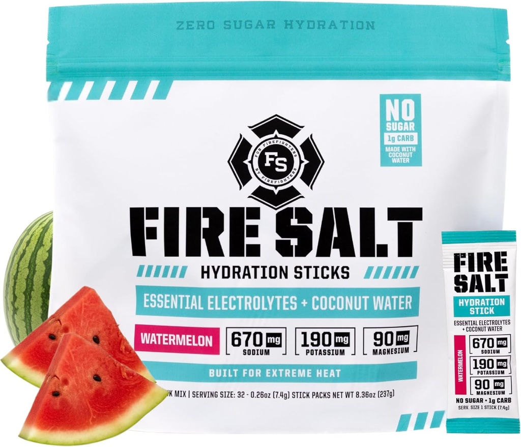 Fire Science Fire Salt Hydration Sticks, Electrolytes & Coconut Water, Hydration Drink Mix with Magnesium, Potassium & Sodium, Zero Sugar, Single Serve On The Go Packs, Watermelon Flavor, 32 Count