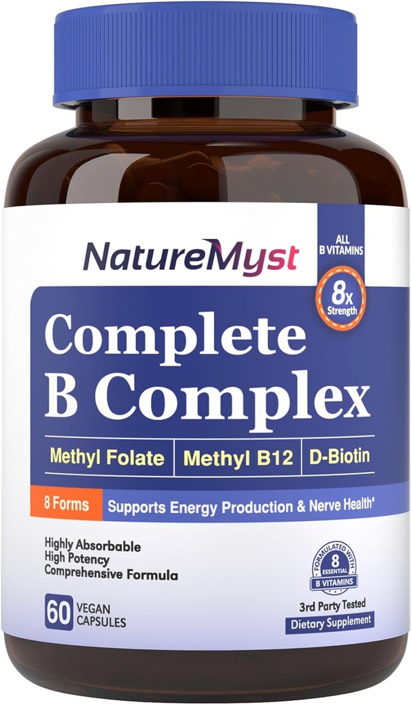 Komplet B-kompleks, alle 8 B-vitaminer, methyl B12, methylfolat, biotin, P- 5-P, stærkt Absorbable, Energiproduktion, 60 Veganske Caps