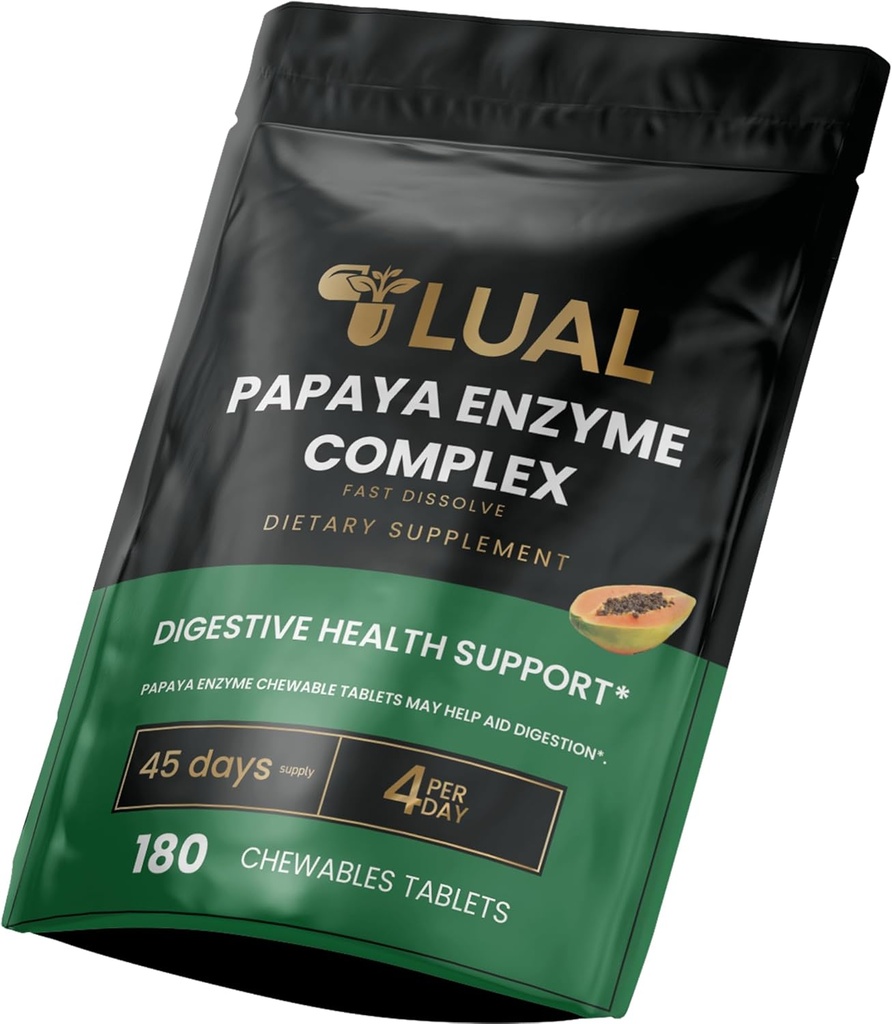 LUAL Papaya Enzyme Complex - tyggetabletter med papain, bromelain & fordøjelsesenzymer - understøtter fordøjelse og næringsstofabsorption - Natural Papaya Flavor - 180 Greve