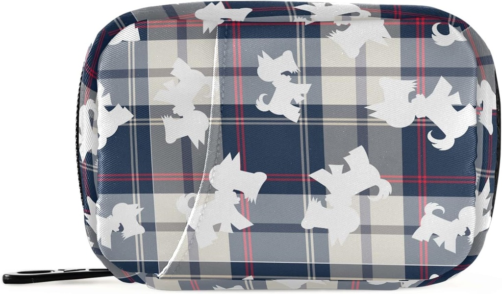 Plaid Scottish Dog Pill Box 7 Day Pill Case Travel Pill Organizer Bag with Zipper Portable Weekly Case Compact Size for Vitamin Supplement Holder