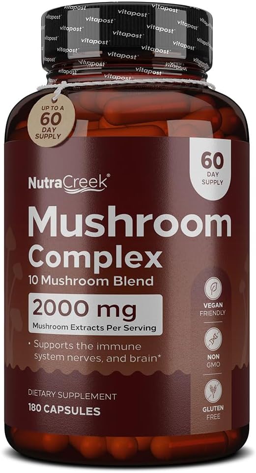 Mushroom Complex 124; Cordyceps Mushroom, Reishi, Shiitake, Maitake og Lions Mane supplement. En 10-champignon supplement til støtte dit sind og krop; 180 champignon kapsler