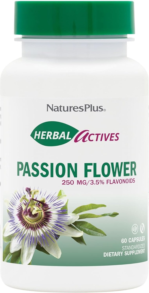 Natures Plus Herbal Actives Passion Flower - 250 mg, 60 Veganske Kapsler - fremmer naturlig ro - Vegetarisk, Gluten- Free - 60 Servering