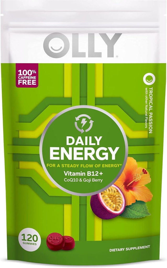 OLLY Daily Energy Gummy, koffein fri, vitamin B12, CoQ10, Goji Berry, Voksen Chewable Supplement, Tropical Flavor - 120 Count Pouch