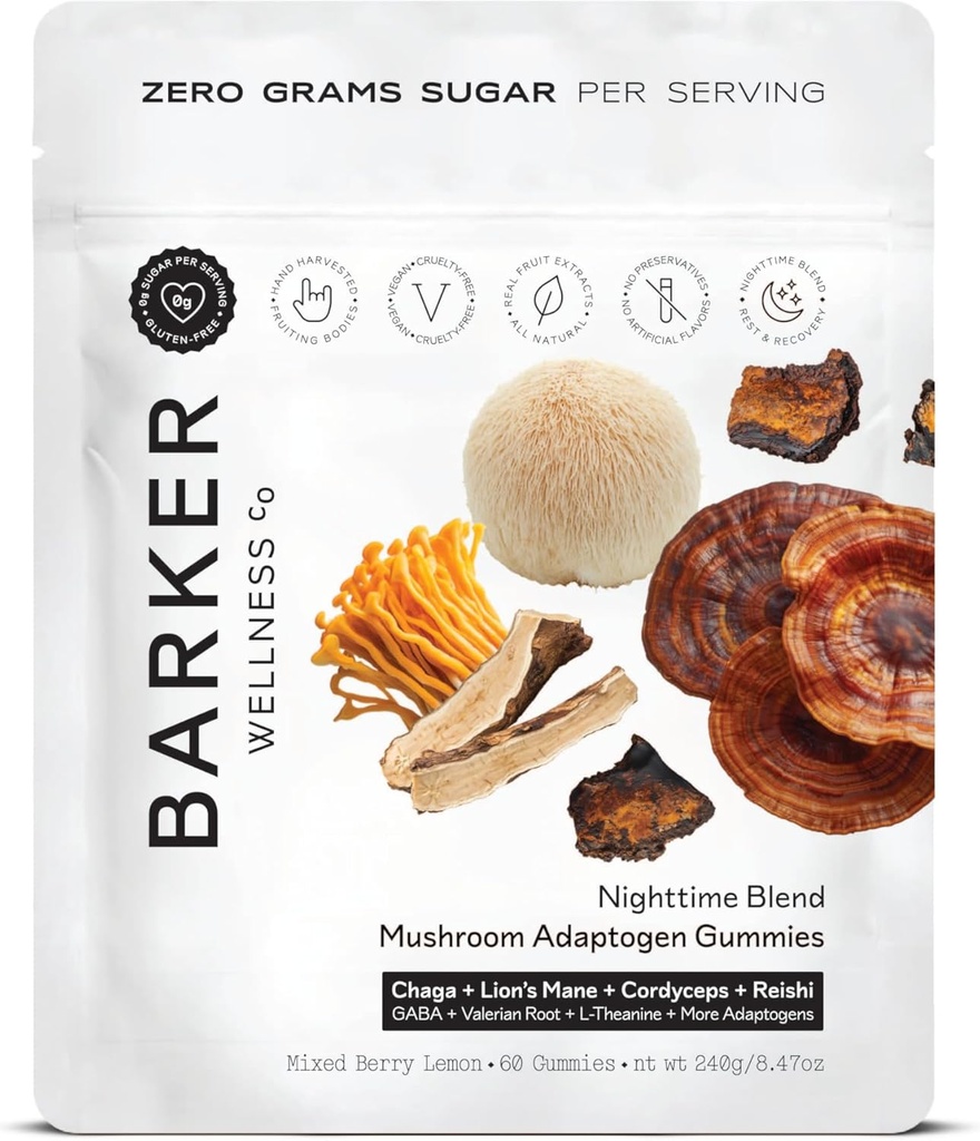 Barker Wellness Nighttime Mushroom Adaptogen Gummies - Vegan, Sugar- Free Functional Mushroom Gummies med Reishi, Lions Mane, Chaga, Cordyceps & Adaptogens - Non-GMO, 60 Greve