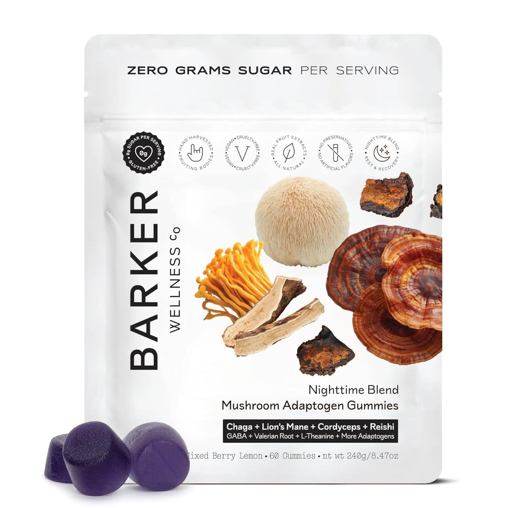 Barker Wellness Nighttime Mushroom Adaptogen Gummies - Vegan, Sugar- Free Functional Mushroom Gummies med Reishi, Lions Mane, Chaga, Cordyceps & Adaptogens - Non-GMO, 60 Greve