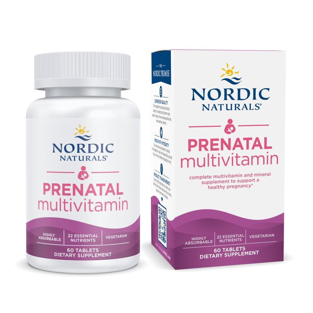 Nordiske Naturals Prenatal Multivitamin til kvinder - Daglig vegetarisk Prenatal Vitaminer - 22 essentielle næringsstoffer, herunder B6, Folate og Jern - 60 tabletter - 30 Servere