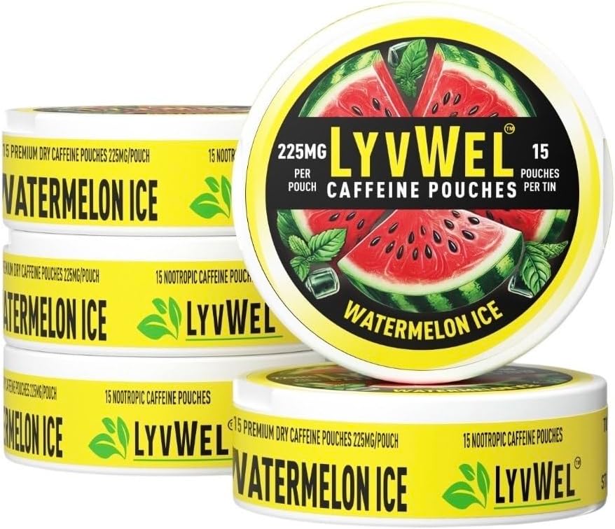 LyvWel 225 mg koffein Energy Pouches - Watermelon Ice 5- Pack (75 Pouches) - Forfriskende energi & Focus - Garanteret - Forbedret ren boost til træning og grind