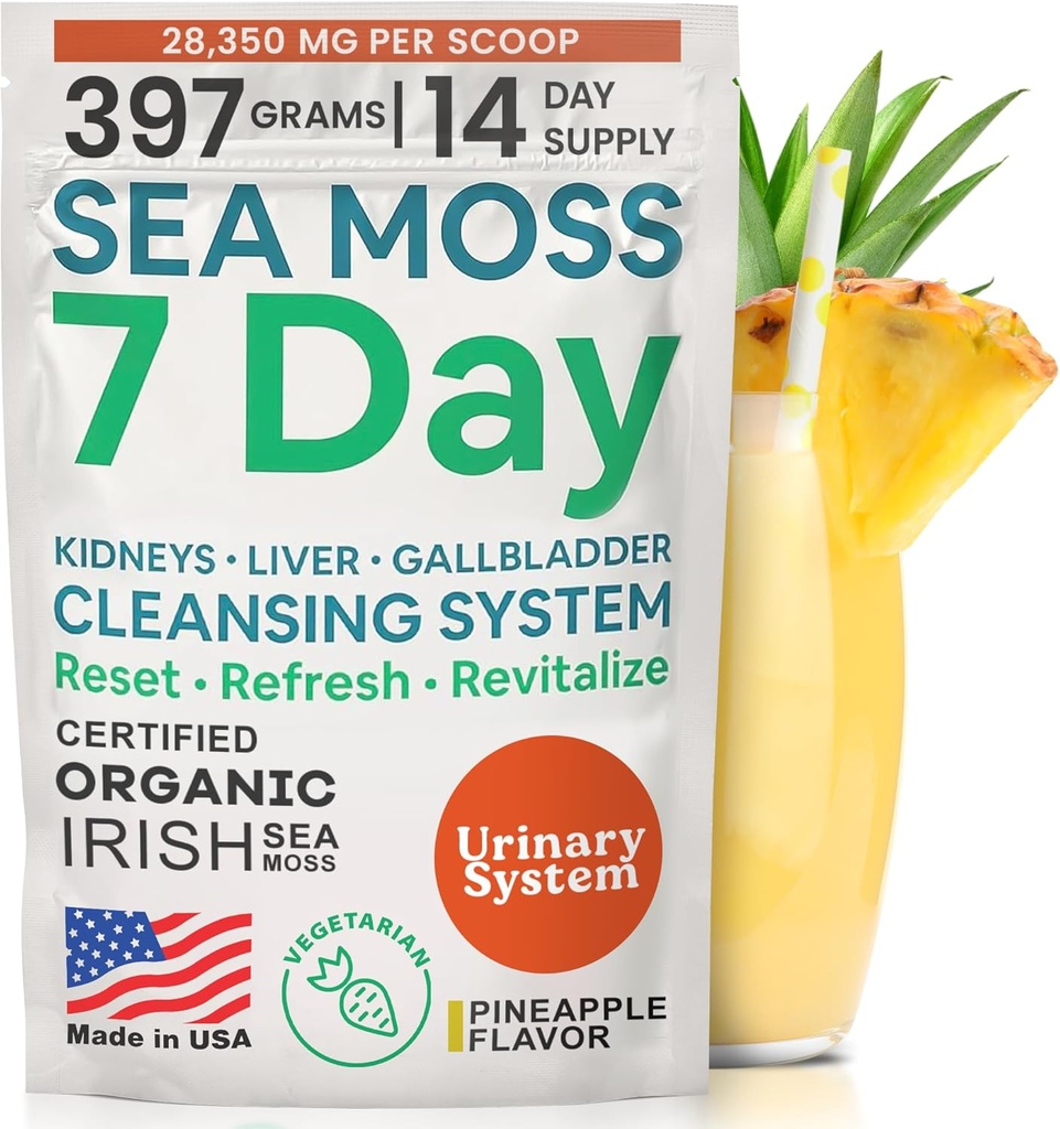 Atlantic Naturals Sea Moss 7 Day Detox lever, Gallablære & Nyre Cleanse - Støtte med Mælkebøtte, Mælkebøtte, Burdock Root, Rød kløver, Chanca Piedra - Ananas Flavor Drink Mix (14 oz)