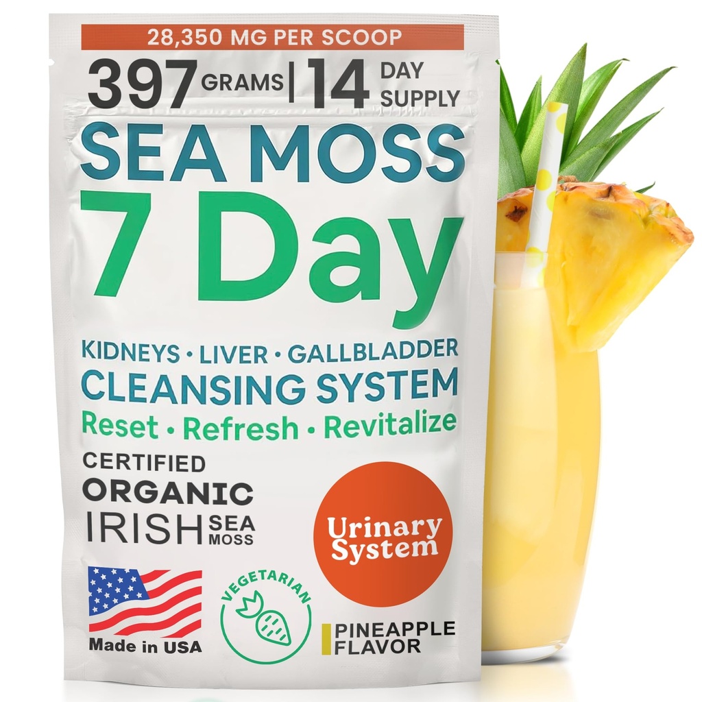 Atlantic Naturals Sea Moss 7 Day Detox lever, Gallablære & Nyre Cleanse - Støtte med Mælkebøtte, Mælkebøtte, Burdock Root, Rød kløver, Chanca Piedra - Ananas Flavor Drink Mix (14 oz)