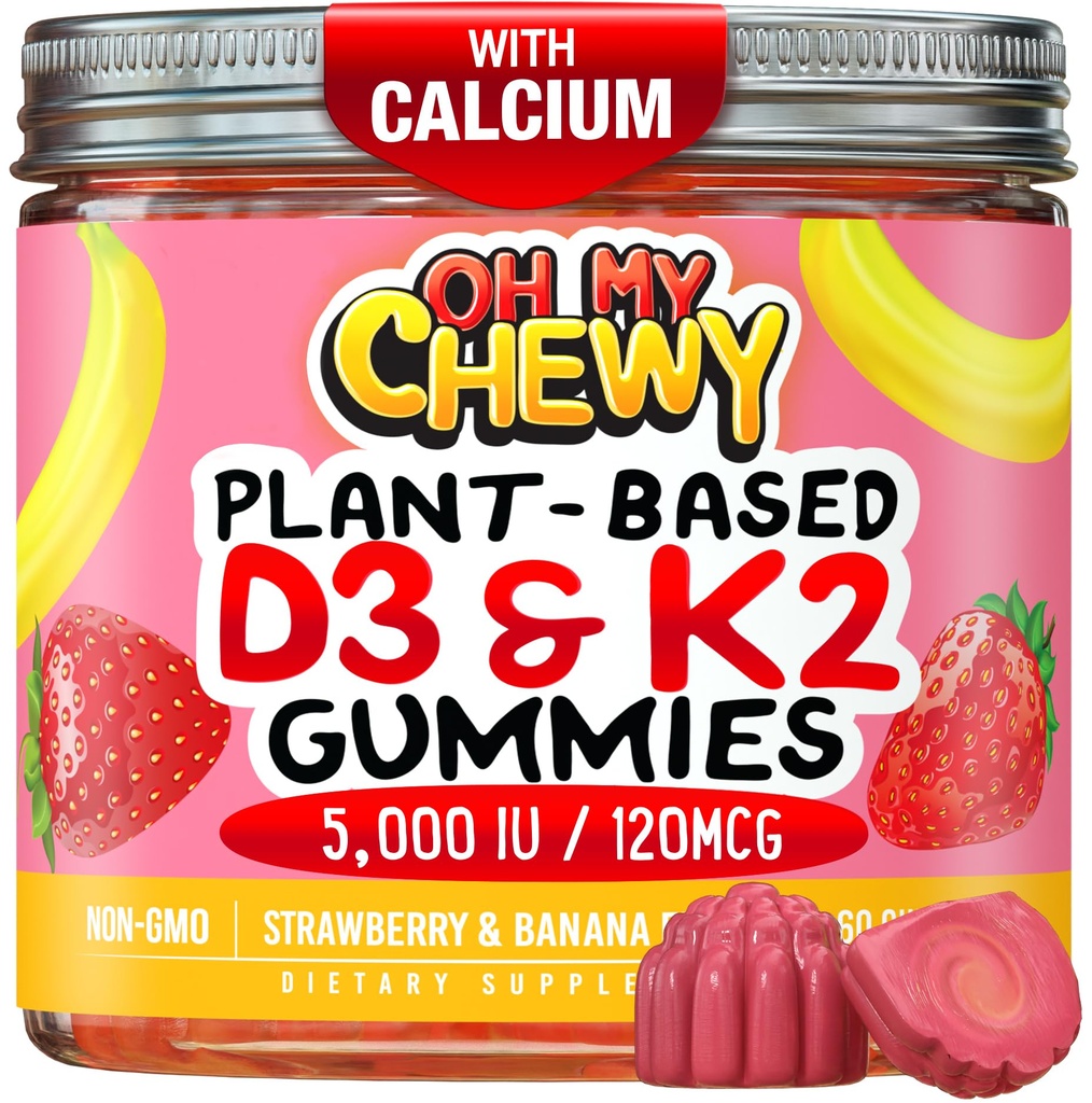 Center- fyldt D3 K2 Gummies - Børn, Teens & Voksne - Supplement for sunde tænder, Knogler, Energi & Immunitet - 5000 IE D3, 120 mcg K2 (MK- 7), 120 mg Calcium - Vegan & non- GMO - 120 Tæl